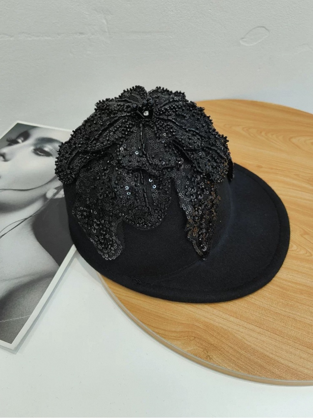 Black Sequin Flower Wool Cap - Women Accessories